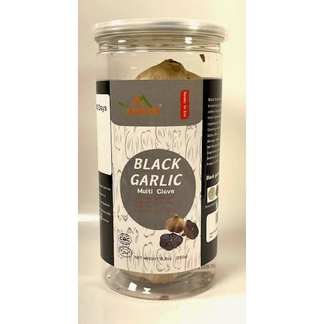 APEXY  Whole Black Multi Clove Garlic  Fermented for 90 Days  Naturally Aged  Multi Cloves  Gourmet Superfood  Ready to Eat  For Snack or Cooking  Halal Certified  85 Oz Jar  Pack of 1