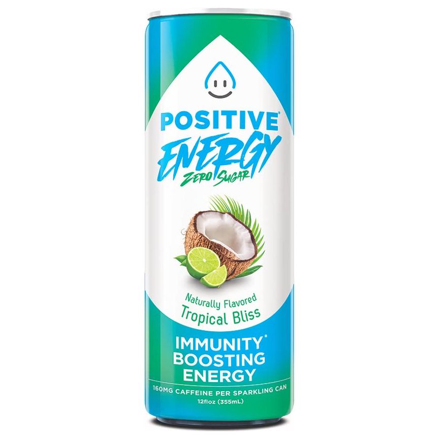 Positive Energy Beverage Tropical Bliss  12oz Can Pack of 12  Zero Sugar Energy Drink Supports Immunity and Hydration