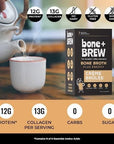 bone + BREW Bone Broth Crème Brulée Flavored Coffee Alternative - Chicken & Beef Bone Broth, 12g Protein, 13g Collagen, 0 Carbs, 0 Sugar, 0 Fat - Keto and Paleo Friendly - 7 Packets