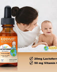 Kiddivit Baby Lactoferrin Liquid Drops - 60 Daily Servings, 2 Fl Oz (60 mL) - Inulin Fortified (Prebiotic, Dietary Fiber) - Sugar Free, Gluten Free, Vegetarian Friendly