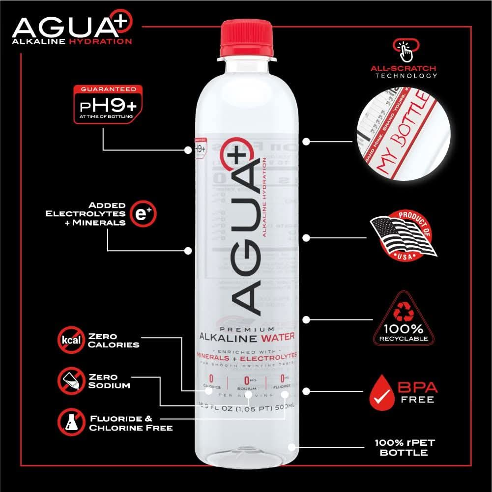 Agua Plus pH9 Alkaline Water Bottles  169 fl oz Drinking Water Bottles  USA Made  ElectrolyteInfused MineralRich Recycled Plastic Water Bottles  4 Pack