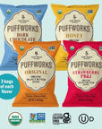 Puffworks Four Flavor Variety Pack Organic Peanut Butter Puffs Original PBJ Dark Chocolate Honey PlantBased Protein Snack GlutenFree Kosher 12oz Ounce Pack of 12