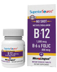 Superior Source No Shot Vitamin B12 Methylcobalamin (1000 mcg), B6, Folic Acid, Quick Dissolve MicroLingual Tablets, 60 Ct, Increase Energy, Healthy Heart, Boost Metabolism, Stress Support, Non-GMO