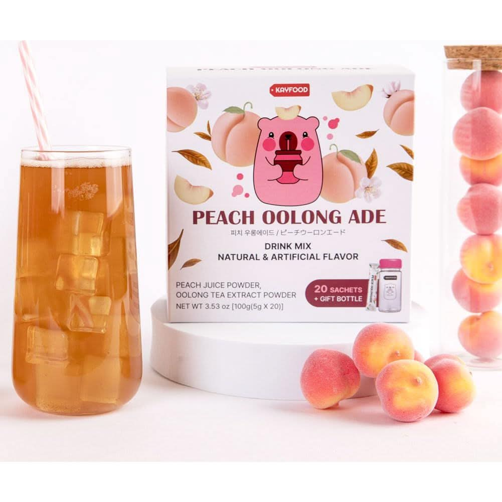 KAYFOOD Peach Oolongade Premium Oolong Tea  Peach Juice Powdered Mix 20 stick packs 353oz with Gift Reusable Bottle Zero Sugar Oolong Wulong Blended Iced Hot Tea Ade Healthy support Drinkmix Peach Oolong Ade