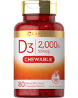 Carlyle Chewable Vitamin D3 2000 IU (50mcg) Tablets | 180 Count | Natural Berry Flavor | Vegetarian, Non-GMO and Gluten Free