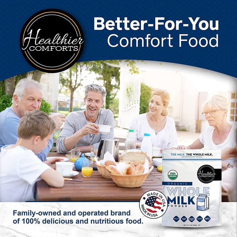 Healthier Comforts Organic Whole Milk Powder  Certified USDA Organic Powdered Milk  Kosher Gluten Free NonGMO Dry Milk Powder Whole Milk  Dried Milk w Resealable Packaging Shelf Stable Milk 7oz