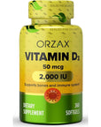 ORZAX Vitamin D3 2000 iu (50 mcg) - 1 Year Supply for Strong Muscle Function and Immune Support - Mood Supplement for Wellness (360 Softgel)