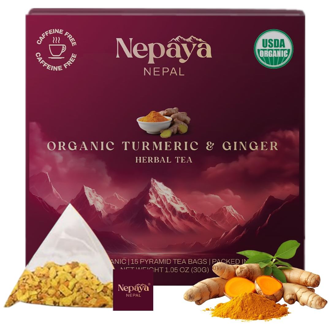 Organic Turmeric Ginger Herbal Tea 15 Count Pyramid Tea Bags from the Himalayas Caffeine Free Gluten Free USDA Organic warm and spicy Taste biodegradable Tea Bags