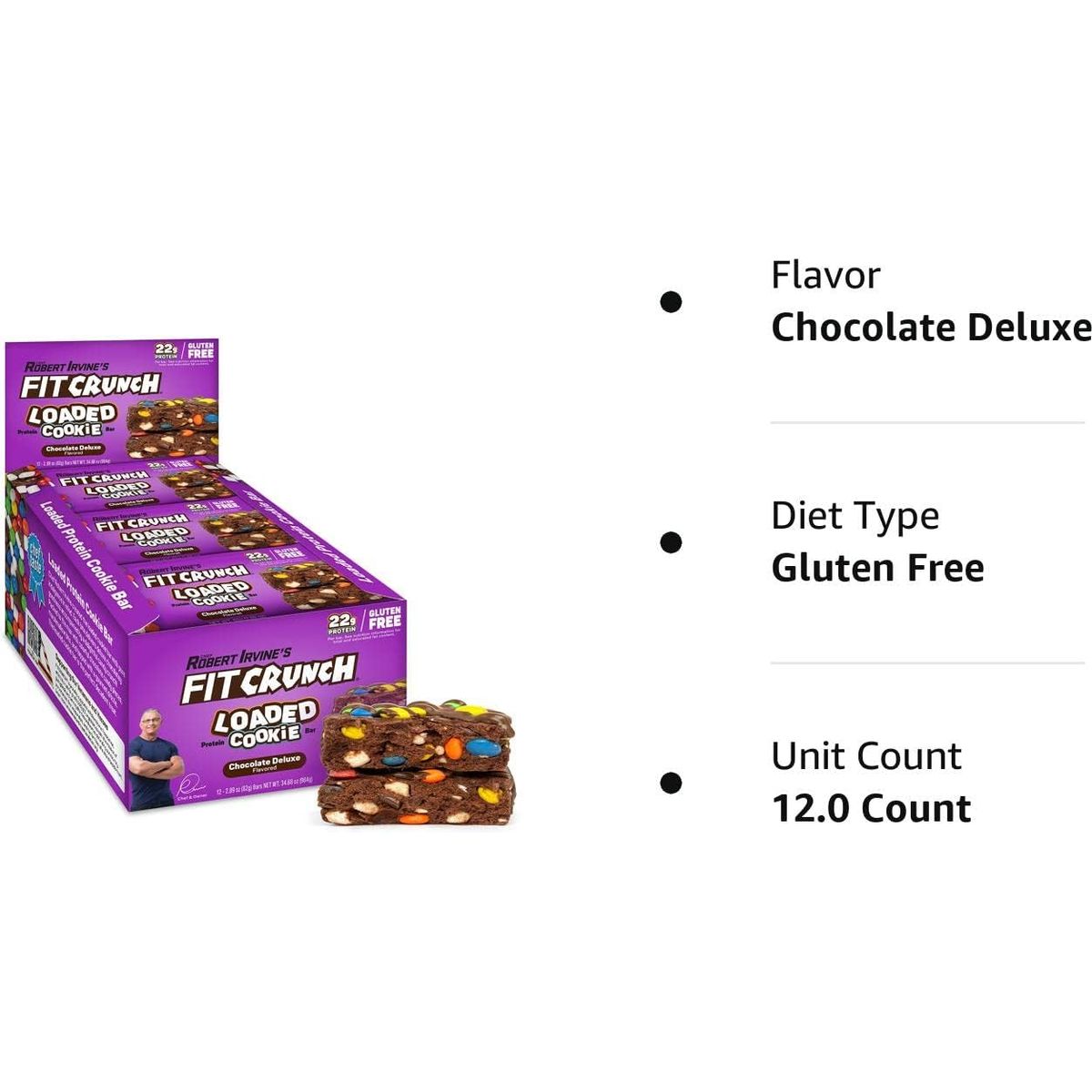 FITCRUNCH Loaded Cookie Protein Bar High Protein Gluten Free Protein Snack 12 Cookie Bars Chocolate Deluxe