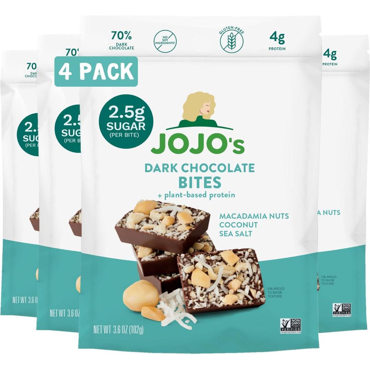 JOJO&#39;s Dark Chocolate Macadamia Coconut, Healthy Snack, Low Sugar, Low Carb, Gluten Free, Non GMO, Paleo &amp; Keto Friendly, Made with Plant Based Hemp Protein, Vegan (4 Count)