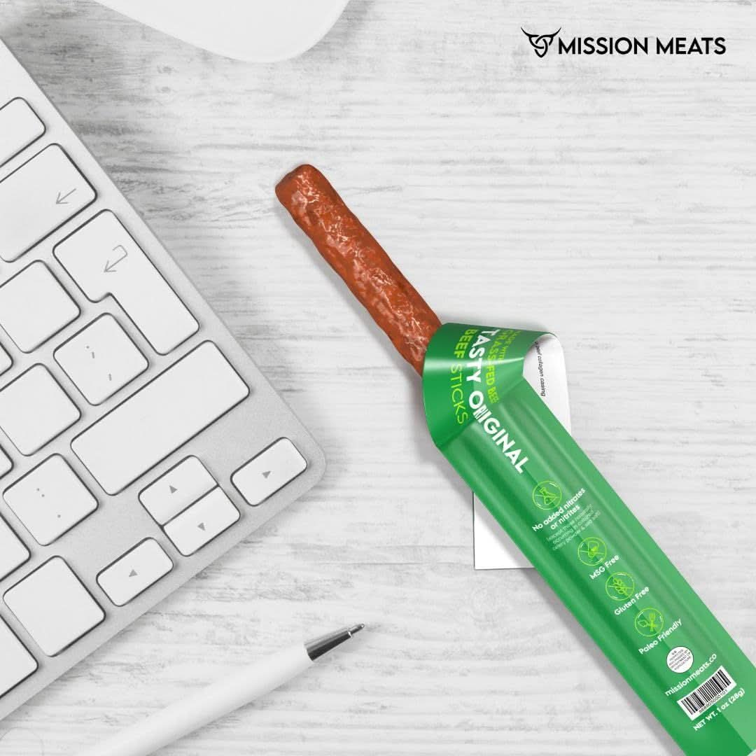 Mission Meats Grass Fed Beef Sticks  Sugar Free Beef Sticks Gluten Free Whole 30 Paleo Keto Meat Sticks Sugar Free Jerky Beef Sticks Individually Wrapped 1oz Original Pack of 12