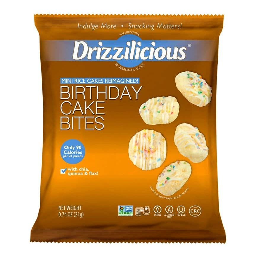 Drizzilicious Mini Rice Cakes Birthday Cake  Rice Crisps Healthy Snack for Adults and Kids Flavored Rice Cakes Vegan Gluten Free Allergen Free Only 90 Calories Per Bag  074 oz Pack of 10