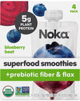 Noka Superfood Smoothie Pouches Blueberry Beet 4 Pack with Plant Protein Prebiotic Fiber  Flax Seed Organic Gluten Free Vegan Healthy Fruit Squeeze Snack Pack 422oz Each