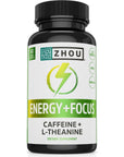 Zhou Natural Caffeine Pills 100mg with L-Theanine 200mg, Nootropic Supplement, Clean Energy, Endurance and MentalFocus, Non-GMO, Vegan, Gluten-Free, 60 Capsules