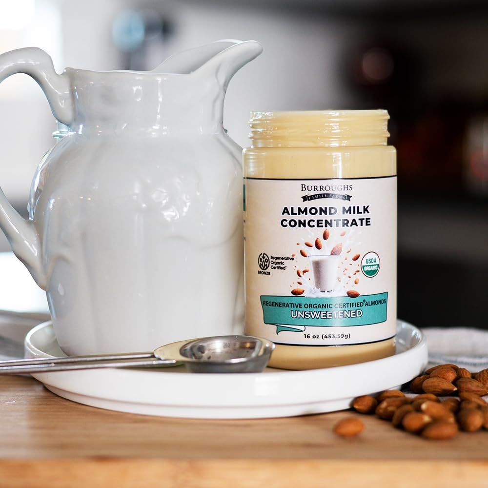 Burroughs Family Farms Regenerative Organic Almond Milk Concentrate  Elevate Your Taste with Sustainable Customizable and Flavorful Goodness  Perfect for Baristas Smoothie Lovers and Everyday Enjoyment 28 Servings  16oz