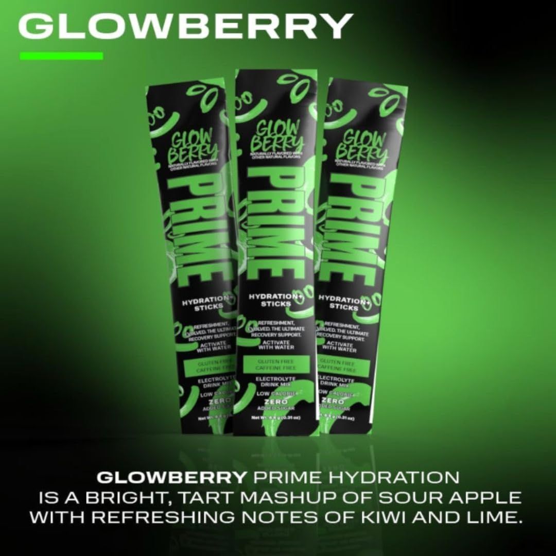 Prime Hydration Sticks Glowberry  Pack Of 10  Single Serve Sticks  Electrolyte Powder Drink Mix  No Added Sugar  Caffeine Free  BCAAs  B Vitamins  Antioxidants  Coconut Water