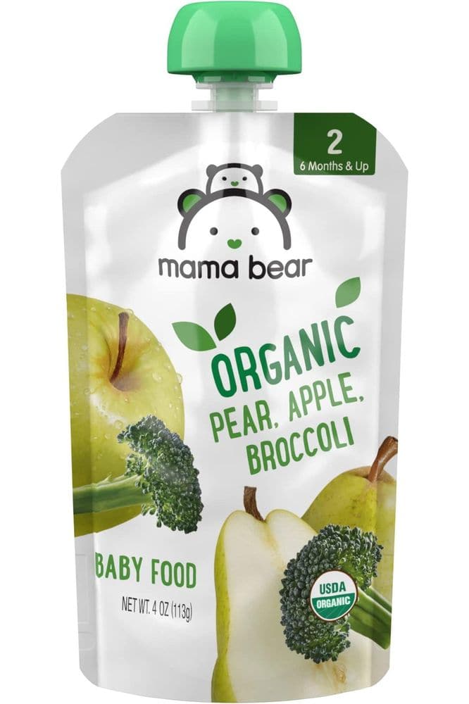 Amazon Brand - Mama Bear Organic Baby Food, Stage 2, Pear, Apple, Broccoli, 4 Ounce Pouch (Pack of 12)