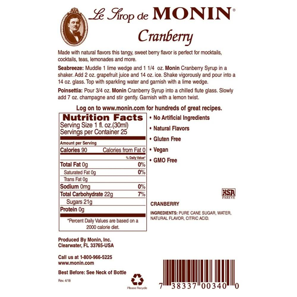 Monin  Cranberry Syrup Tangy and Sweet Berry Flavor Natural Flavors Great for Margaritas Cocktails Hot and Cold Berry Teas Lemonades and Sodas NonGMO GlutenFree 750 ml