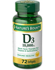 Nature's Bounty Vitamin D for Immune Support and Promotes Healthy Bones, 10000IU, Softgels, Multi-Color, 10,000 IU, 72 Count (Pack of 1)