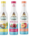 Miss Marys Sinless Syrups Fruit Collection  Zero Sugar and Calories Stevia Based No Sugar Alcohols or Sucralose No Artificial Sweeteners Natural Ingredients and made with REAL fruit Keto Friendly 3 Pack Includes Raspberry Peach and Tropical