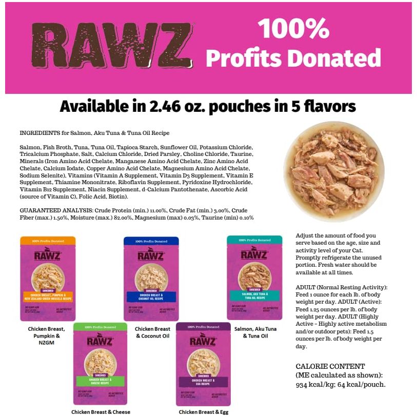 RAWZ Shredded Salmon Aku Tuna  Tuna Oil Recipe 8246 oz Pouches