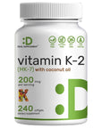 Vitamin K2 (MK-7) 200mcg, 240 Virgin Coconut Oil Softgels | Premium Menaquinone-7 Form, Easily Absorbed Vitamin K Supplement - Bone, Joint, & Immune Support - Non-GMO