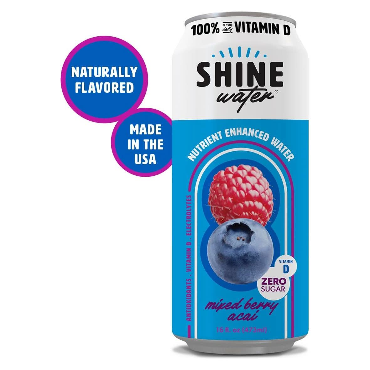 ShineWater Vitamin D Hydration Electrolyte Drink Acai Mixed Berry 12 Pack Sugar Free Naturally Flavored Water Magnesium Zinc Vitamin B12 Folic Acid Plant Based Antioxidants Low Calorie