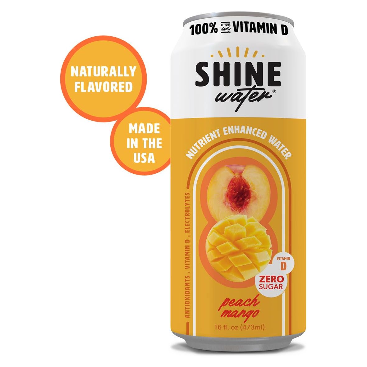 ShineWater Vitamin D Hydration Electrolyte Drink Peach Mango 12 Pack Sugar Free Naturally Flavored Water Magnesium Zinc Vitamin B12 Folic Acid Plant Based Antioxidants Low Calorie