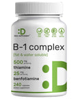 Vitamin B1 500mg with Benfotiamine, 240 Capsules - 2 in 1 Enhanced Formula - Fat & Water Soluble Thiamine B1 Supplement - Third Party Tested, Non-GMO, No Gluten