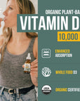 Organic Vitamin D3 10,000 IU - Plant D3, Vegan, Max Strength Sublingual Liquid D3 Drops - 200% Higher Absorption, 100% Plant-Based Cholecalciferol Form & Vegan D3, Adjustable Dosing (30 Servings)