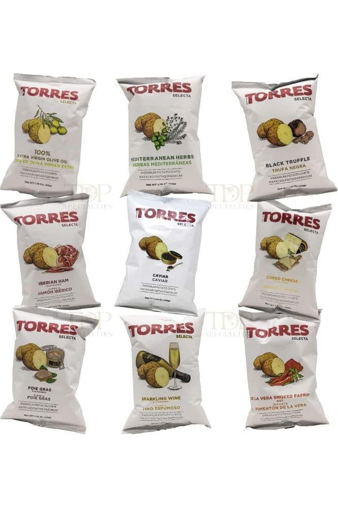 Torres Spanish Potato Chips Patatas Fritas Packed by TDP Specialties Made in Barcelona Spain Limited Edition 9 Flavor