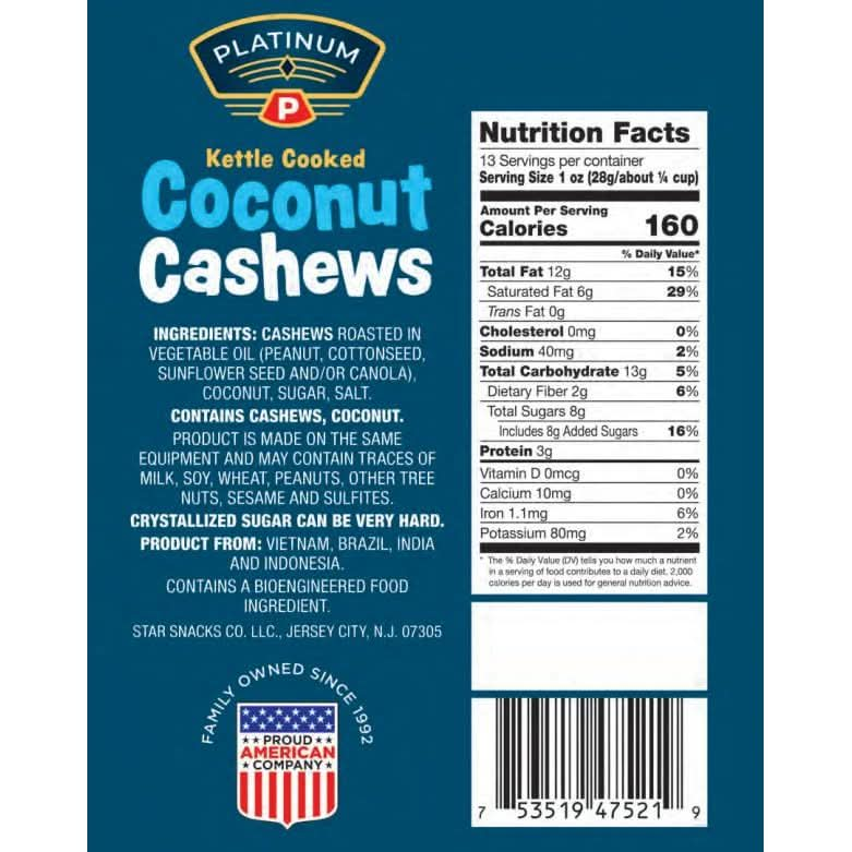 Platinum Kettle Cooked Coconut Cashews  Plant Based Protein Fiber Healthy Snack  Wholesome Nutritional Boost  Can Bring at Home Work Office Gym  School  13 oz Individual  Resealable Pouch