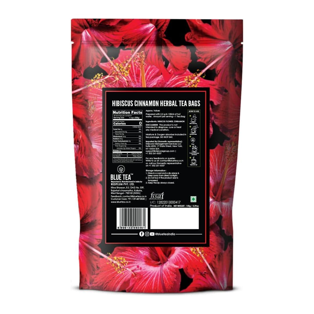 BLUE TEA  Hibiscus Cinnamon Herbal Tea  60 Tea Bags  PRIME SAVINGS DAY  TANGY  SPICY  Caffeine  Free  Farm Packed  Flower Based  Vegan  Gluten Free  NonGMO  EcoConscious Ziplock Pouch