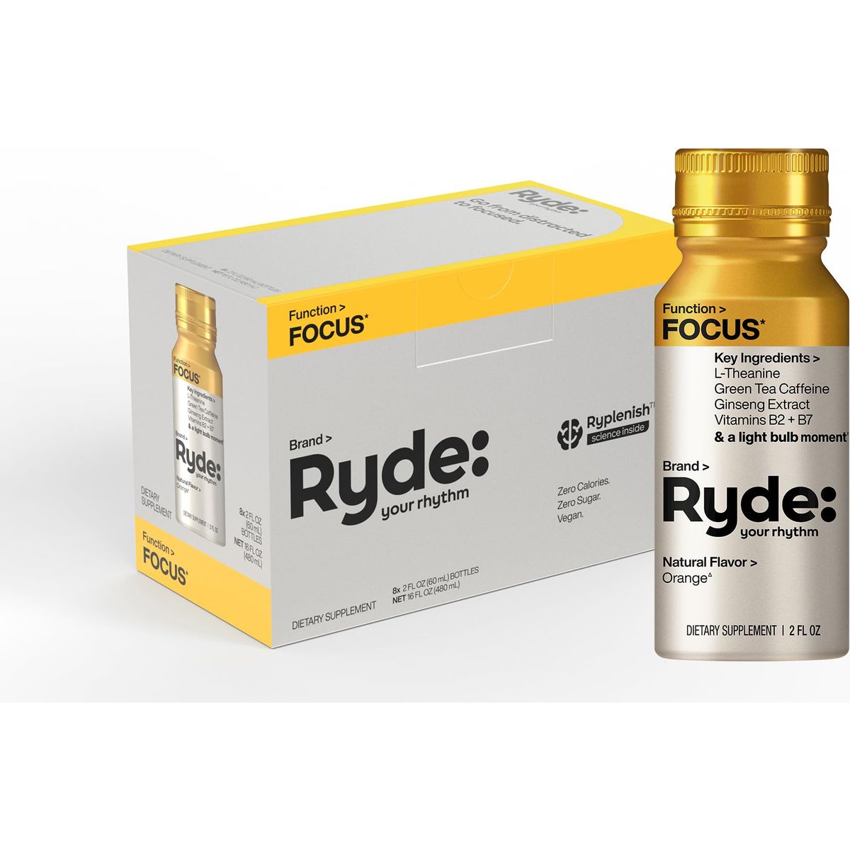 Ryde Focus Shot  Orange Flavor  LTheanine  Ginseng  Caffeine  0 Calories 0 Sugar  2 FL OZ Shots  Helps You Focus 8 Pack