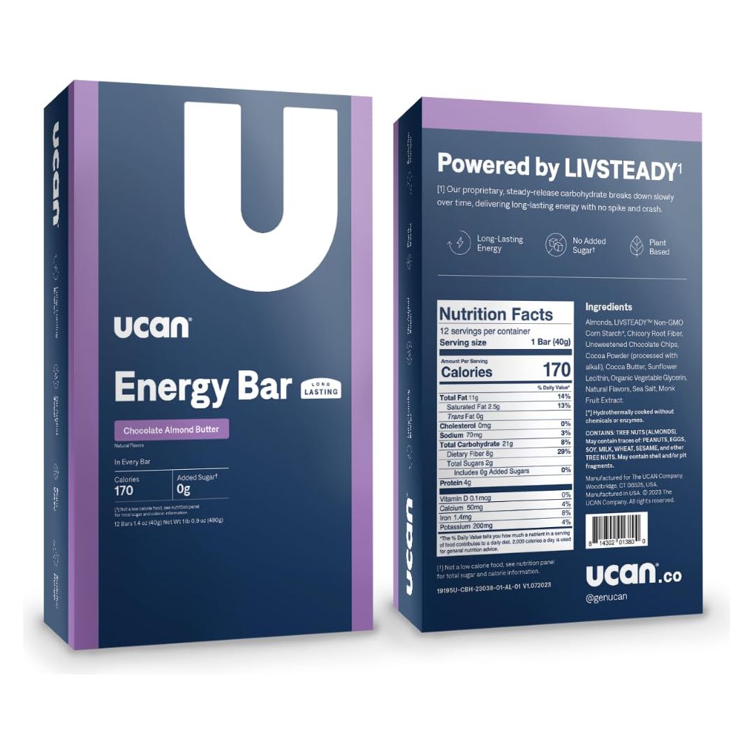 UCAN Energy Bars  Low Sugar Low Calories  Gut Friendly CaffeineFree Vegan NonGMO No Soy Keto Friendly  Running Cycling Fitness Pre  Post Workout  Chocolate Almond Butter 12 Count