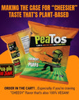 PeaTos Cheese-less Puffs in Snack Sized 0.5 oz. Bags (15 pack) full of “JUNK FOOD” flavor and fun WITHOUT THE JUNK. PeaTos® the Craveworthy upgrade to America's favorite snacks are Pea-Based, Plant-Based, Vegan, Gluten-Free, and Non-GMO.