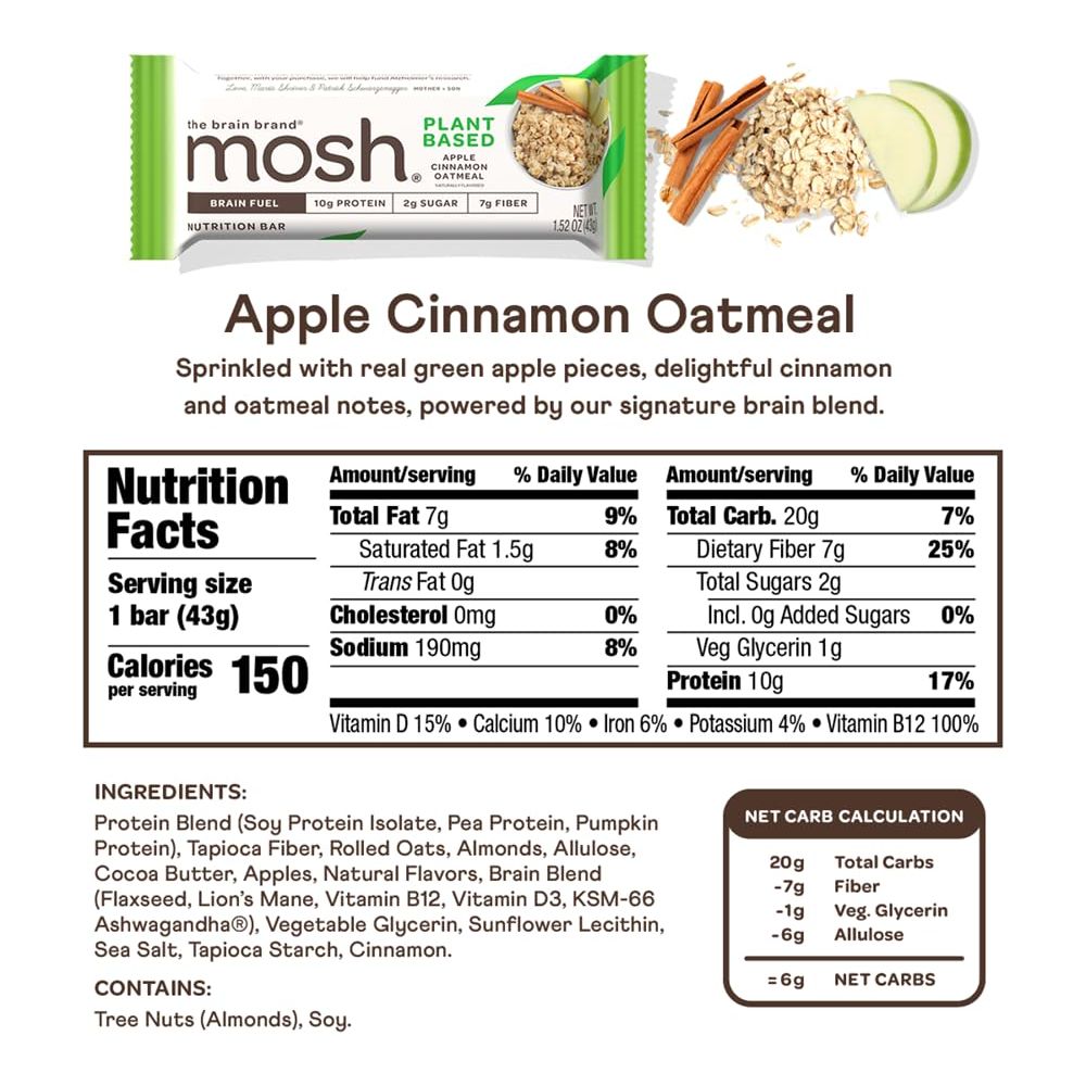 MOSH Apple Cinnamon Oatmeal Plant Based Protein Bars 12pk Keto Snack GlutenFree No Added Sugar 12g Plant Based Protein Lions Mane B12 Vitamins Supports Brain Health Breakfast ToGo