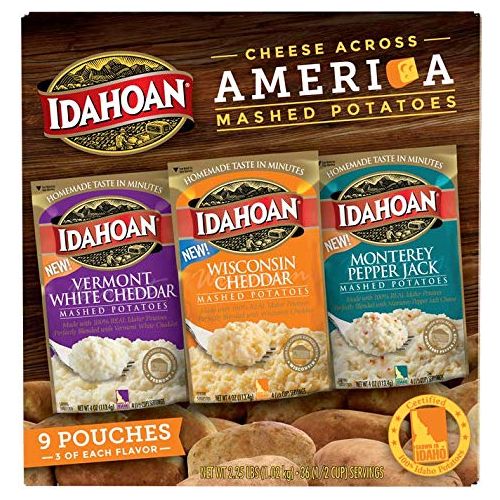 Idahoan Variety Pack featuring Vermont White Cheddar Wisconsin Cheddar and Monterey Pepper Jack Mashed Potatoes Cheese Across America Pack of 9 Pouches 4 servings each