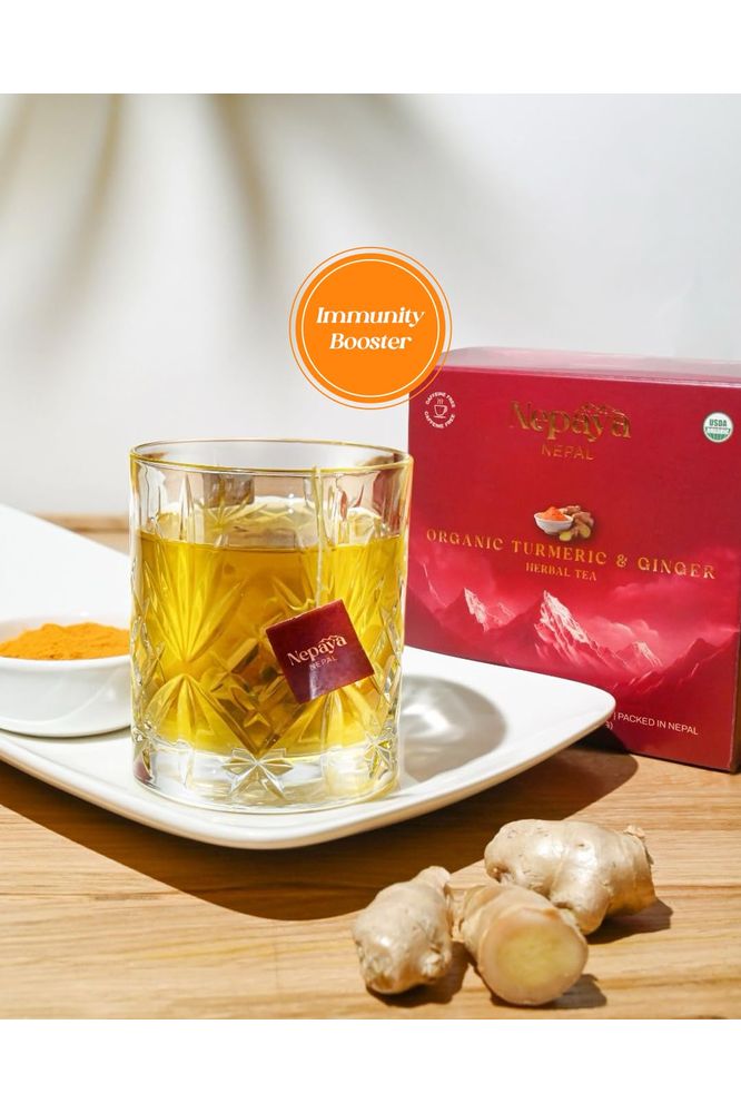 Organic Turmeric Ginger Herbal Tea 30 Count Pack of 2 Pyramid Tea Bags from the Himalayas Caffeine Free Gluten Free USDA Organic warm and spicy Taste biodegradable Tea Bags