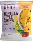 WonderSlim KETO Tortilla Chips with MCT Oil Spicy Nacho 3g Net Carbs 13g Fat 9g Protein 0g Sugar Gluten Free 7ct