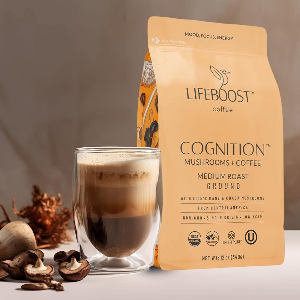 Lifeboost Cognition Adaptogenic Mushroom Coffee  Lions Mane  Chaga Nootropic Coffee  Great Tasting Medium Organic Coffee  Increase Energy Boost Focus  Immune Support  12 oz Bag  Ground