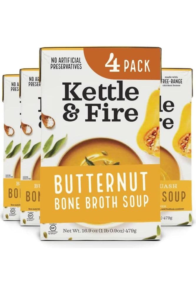 Butternut Squash Chicken Bone Broth Soup by Kettle and Fire, Pack of 4, Gluten Free Collagen Soup on the Go, Paleo, 9 g of protein, 16.2 fl oz