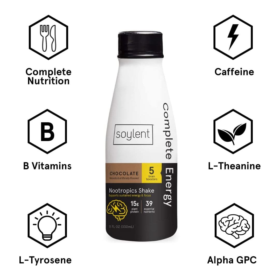 Soylent Complete Energy GlutenFree Vegan Protein Nootropics Shake Chocolate 11 Oz Pack of 12