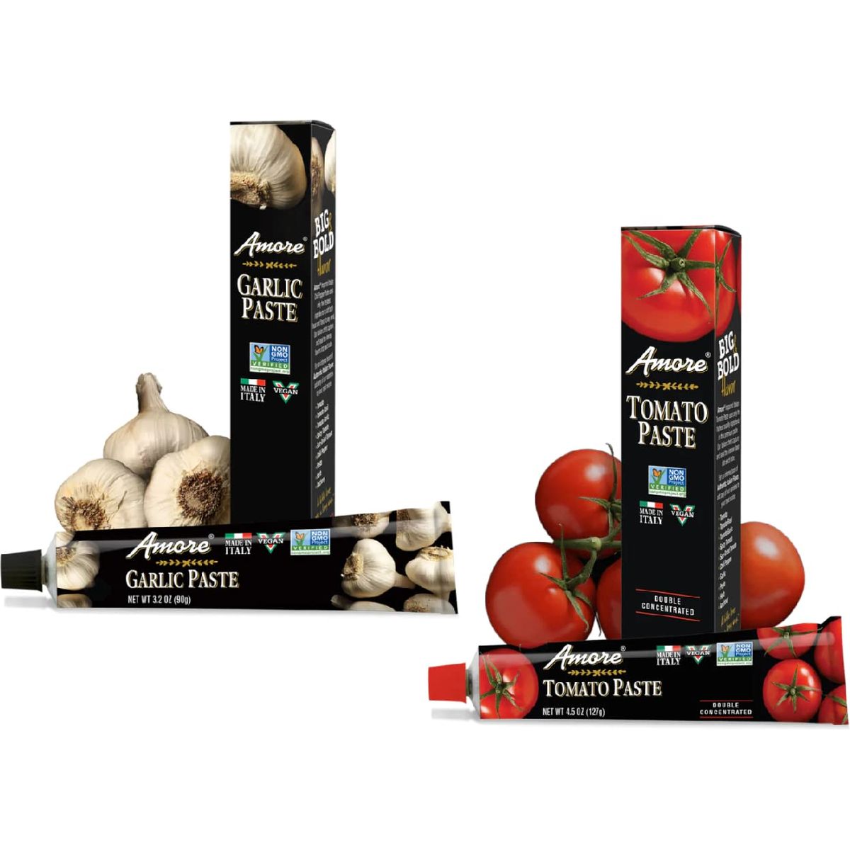 Amore Crowd Favorite  Garlic Paste 32oz  Tomato Paste 45oz in a Tube Vegan Non GMO Verified Variety 2 Pack