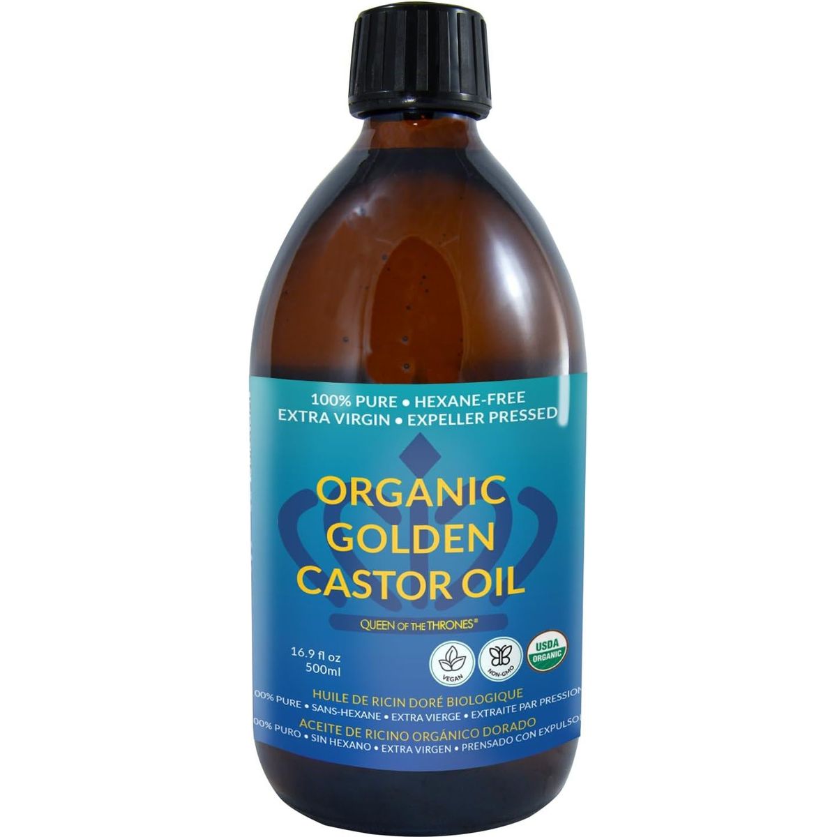 QUEEN OF THE THRONES Organic Golden Castor Oil - 500mL (16.9oz) | 100% Pure &amp; Expeller Pressed for Hair, Skin &amp; Digestion | Hexane Free | USDA Certified