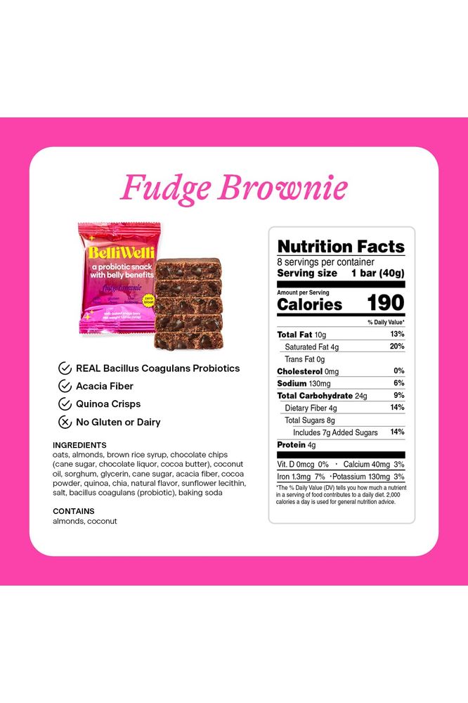 Belliwelli Soft Baked Probiotic Snack Bar  GlutenFree DairyFree Vegan  LowFODMAP  Fudge Brownie 8 Pack