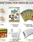 Musubi Mold Kit 7 Pack with Musubi Press Rice Paddle Spam Slicer Low Sodium Spam Rice Seaweed Wrap and Japanese Tamari Soy Sauce for AllInOne Spam Musubi Maker