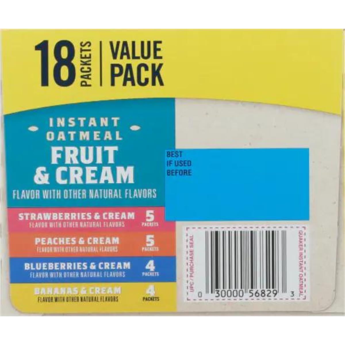 Quaker Fruit  Cream Instant Oatmeal Variety Strawberries Peaches Blueberries and Bananas  18ct  Pack of 2 36 count in total