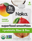 Noka Superfood Smoothie Pouches Mango Coconut 4 Pack with Plant Protein Prebiotic Fiber  Flax Seed Organic Gluten Free Vegan Healthy Fruit Squeeze Snack Pack 422oz Ea