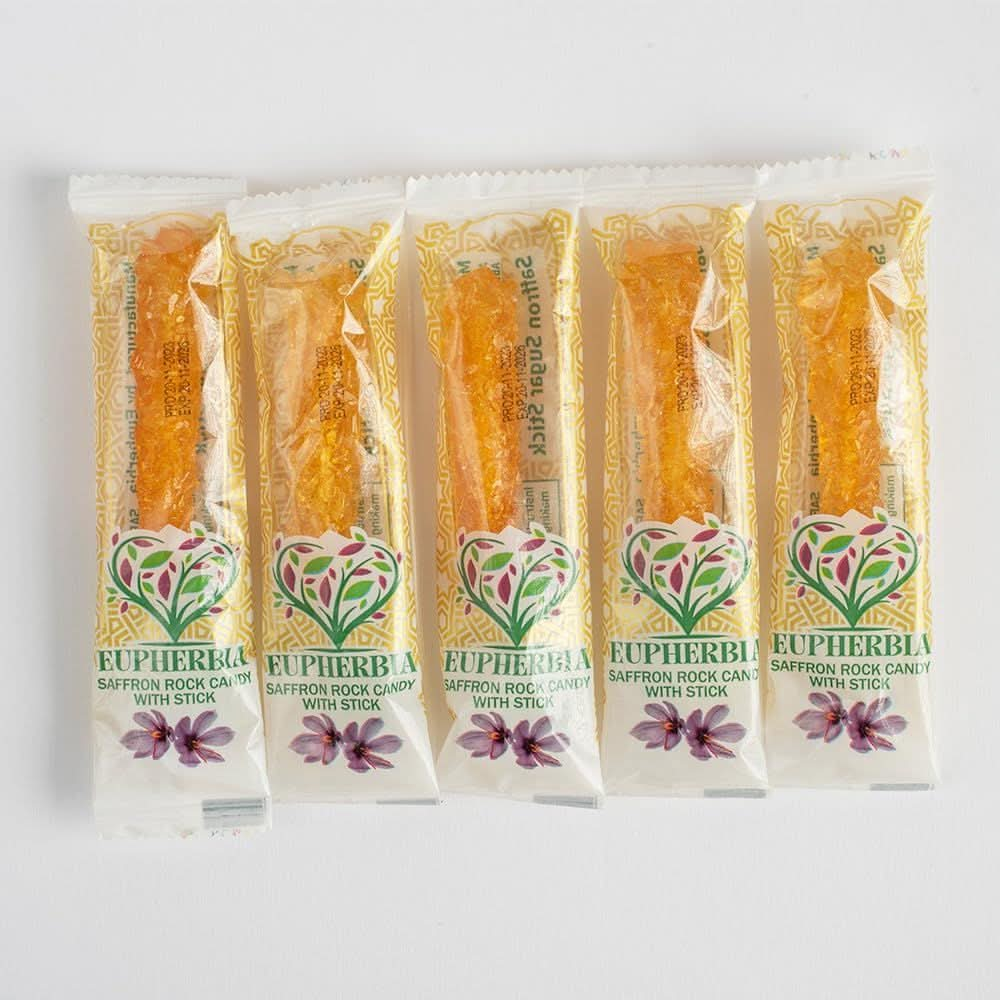 EUPHERBIA Saffron Rock Candy Sticks 25 Pack Pure Crystalline Elegance Handcrafted Sweetness Sugar Rock Candy Nabat Infused with Pure Grade A Saffron Threads Ideal for Tea Coffee Milk and All Your Favorite Hot Beverages 16Oz 450 Gram 25x18g